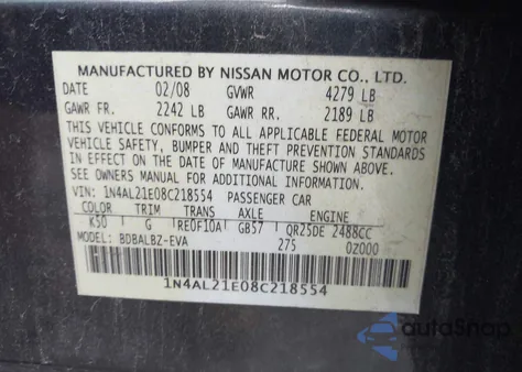 2008 Nissan Altima 2.5 S from USA, damaged, VIN 1N4AL21E08C218554